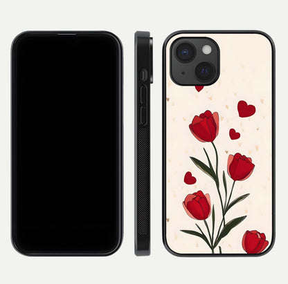 Tulip With Heart Glass Case for iPhone 15 front & back layout showing heart motif and elegant gloss finish