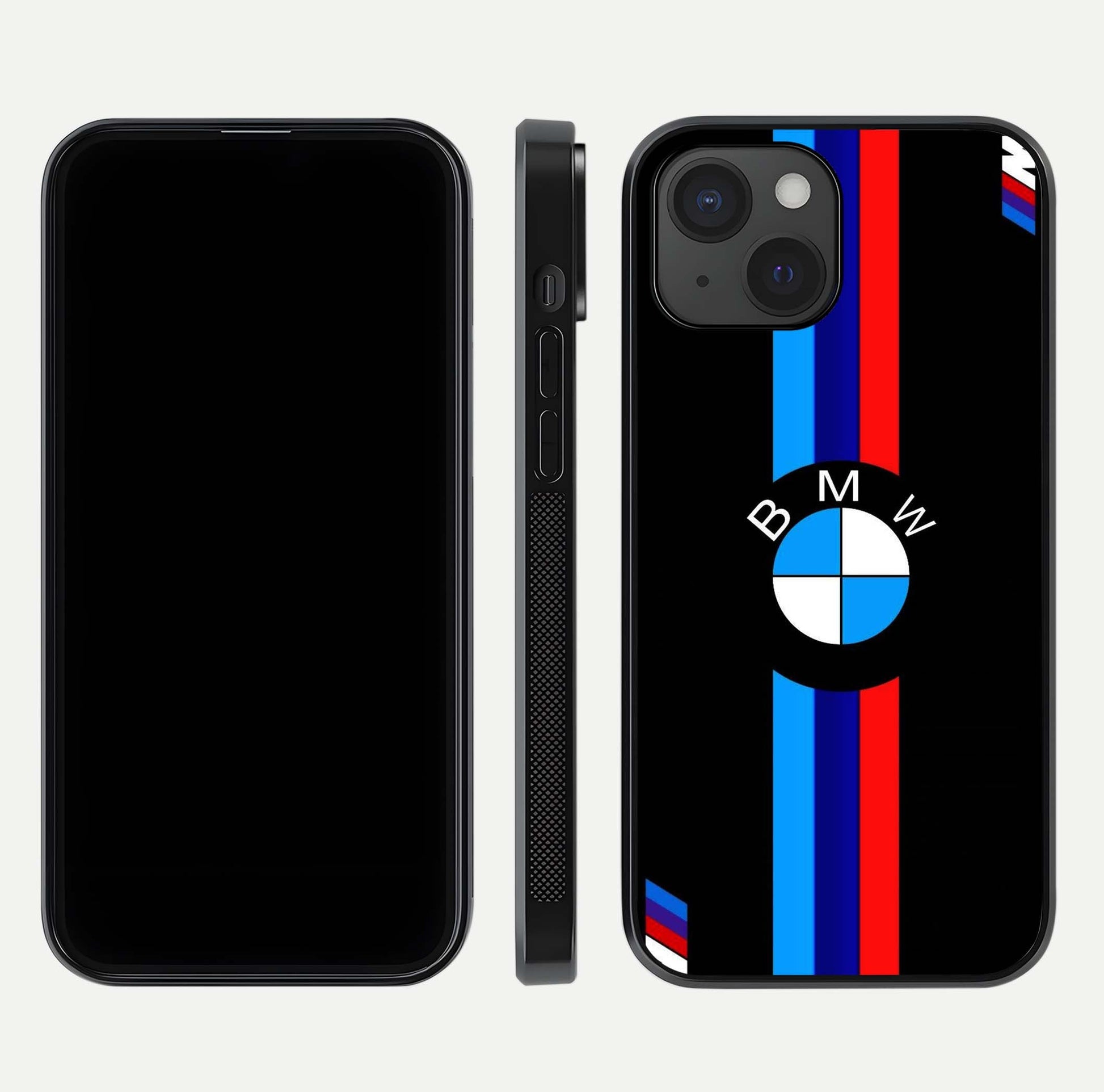 Turbo BMW Beast Glass Case for iPhone 15 front & back layout showing bold design and smooth finish
