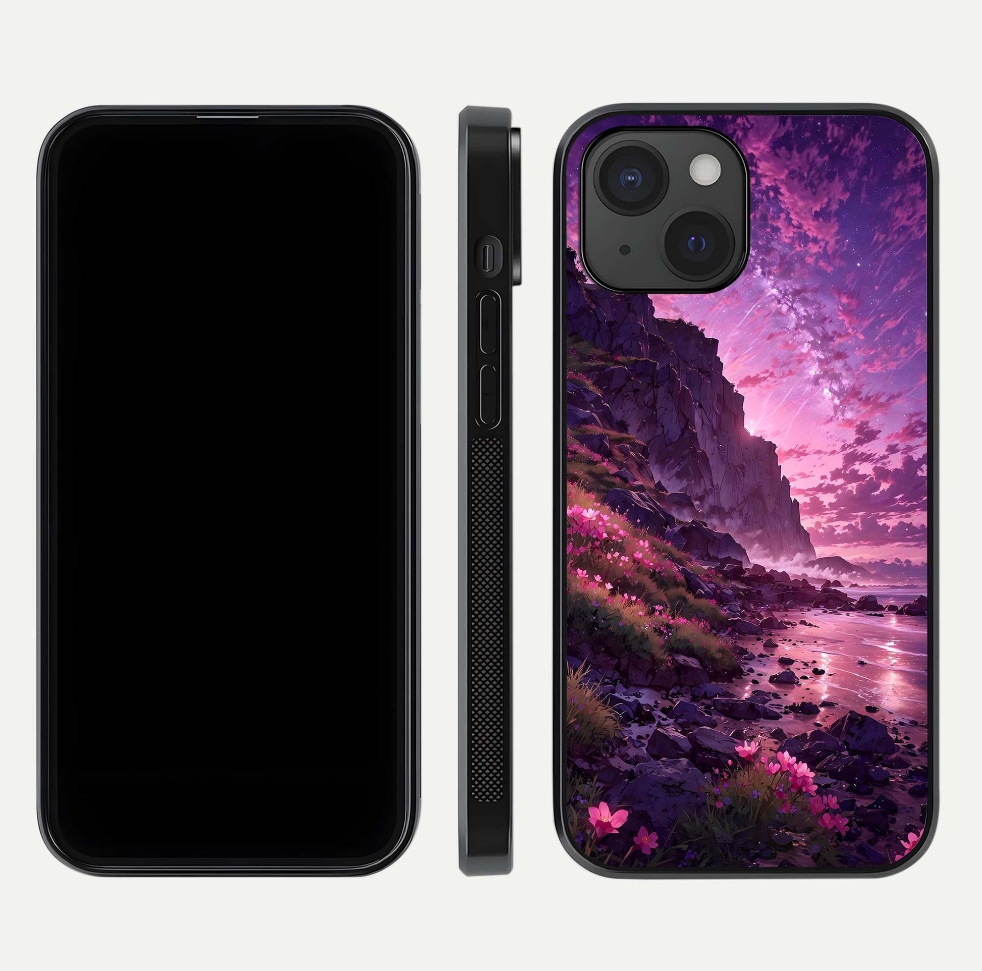 Twilight Blossom Coast Glass Case for iPhone 15 front & back layout showing floral tones and curved edge