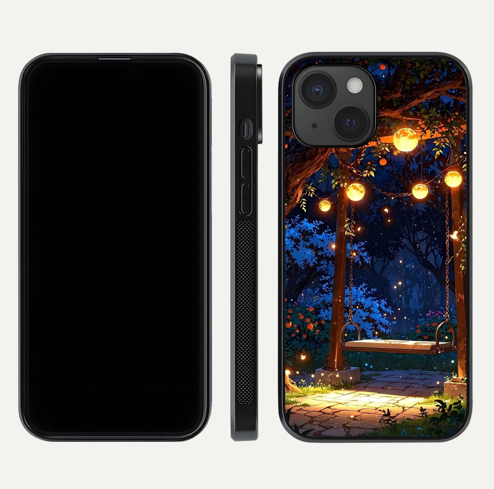 Twilight Garden Swing Glass Case for iPhone 15 front & back layout showing garden art and clean edge