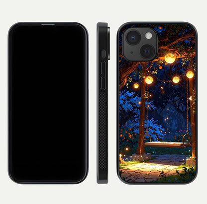 Twilight Garden Swing Glass Case for iPhone 15 front & back layout showing garden art and clean edge