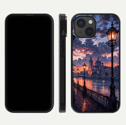 Twilight River Lights Glass Case for iPhone 15 front & back layout showing scenic artwork and smooth curved edges