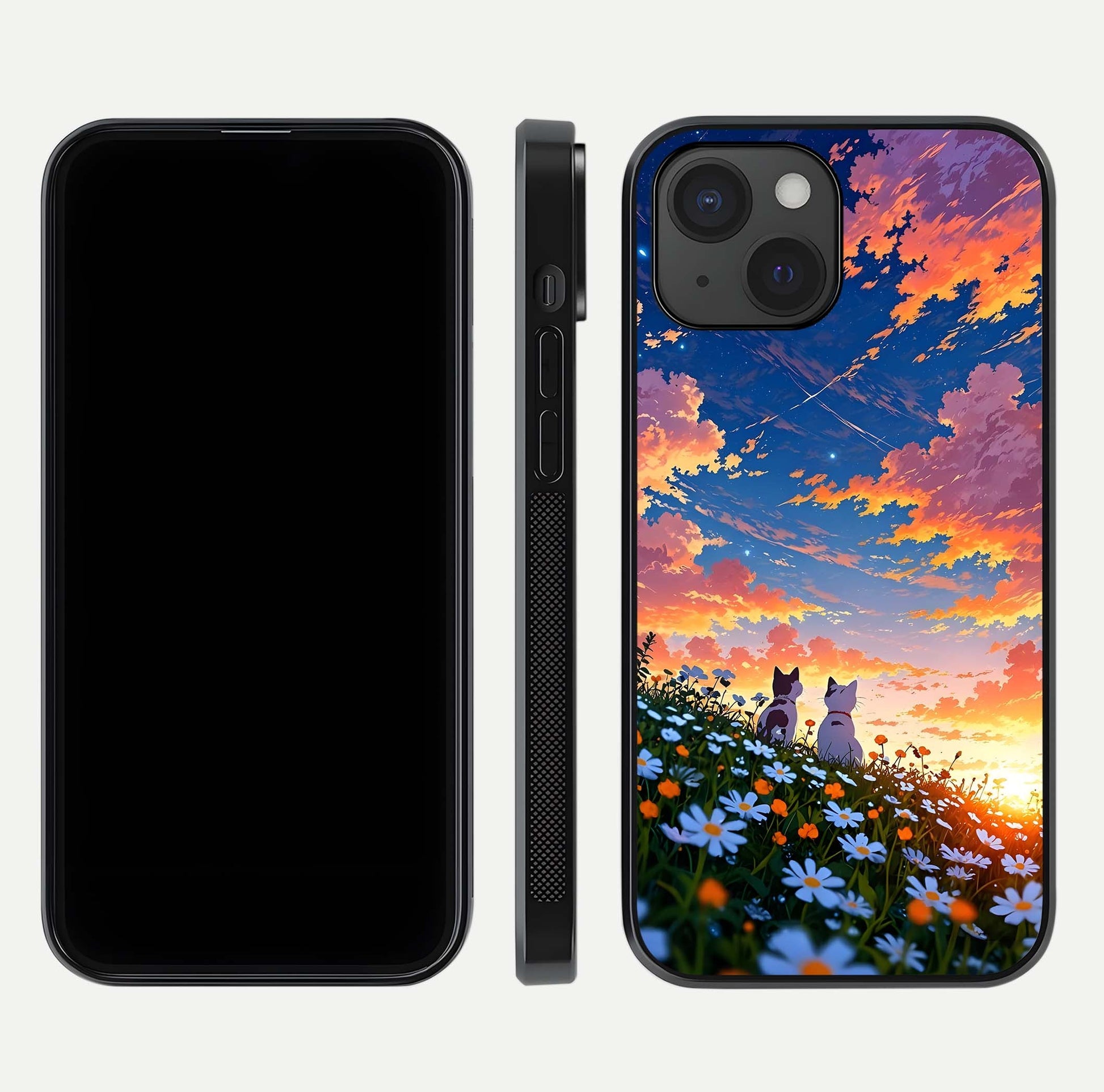 Two Cats Friends Glass Case for iPhone 15 front & back layout showing friendly cat theme and edge design