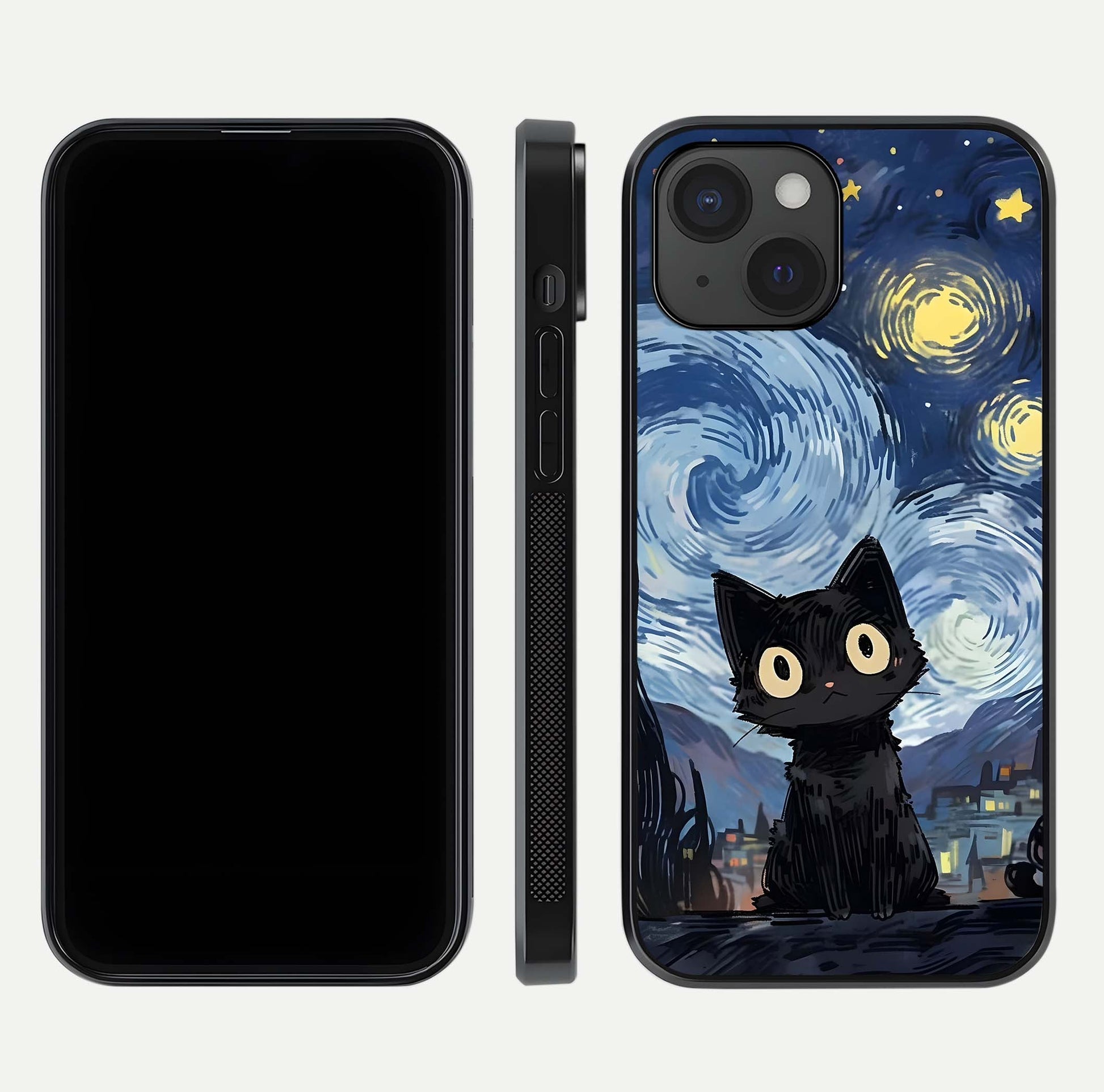 Van Gogh Cat Glass Case for iPhone 15 front & back layout showing detailed art print and curved glass edges