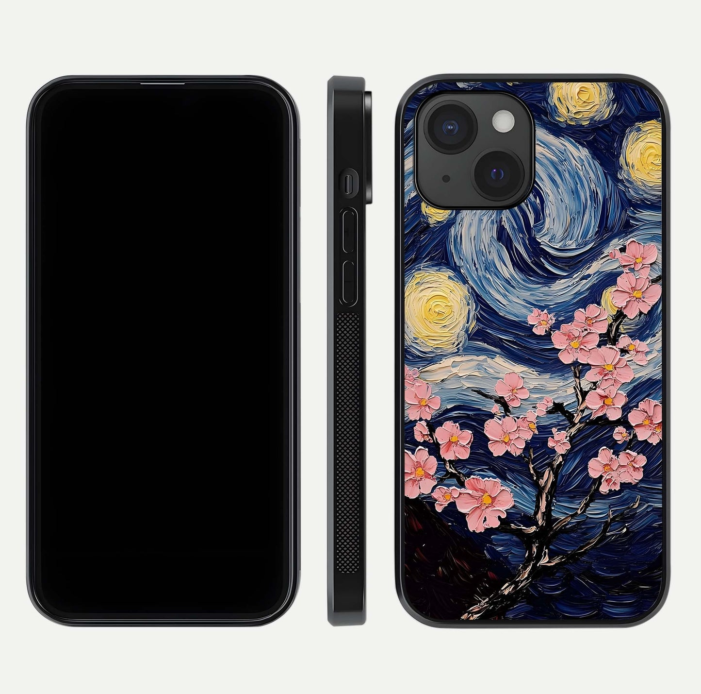 Van Gogh Scenery Glass Case for iPhone 15 front & back layout showing vibrant tones and detailed design