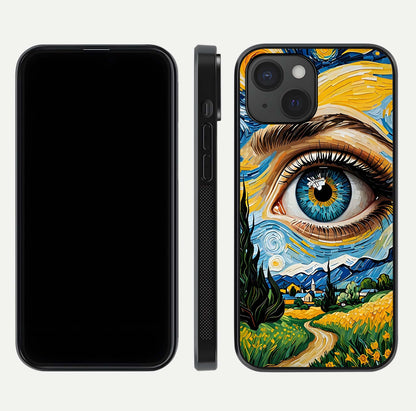 Van Gogh Eye Glass Case for iPhone 15 front & back layout showing brushstroke detail and smooth finish