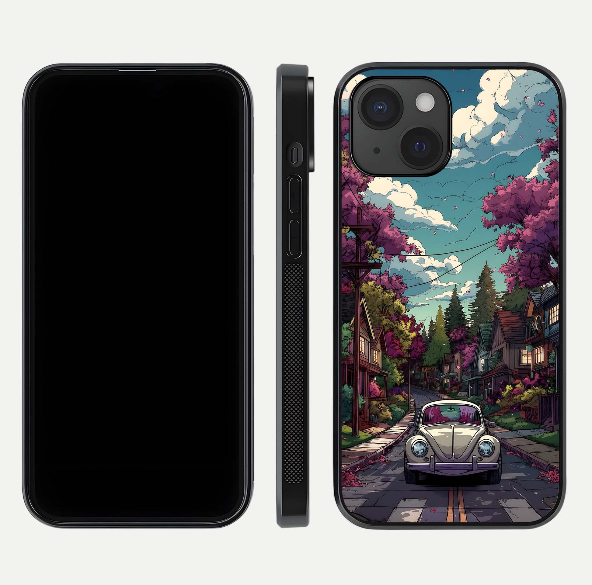 Vintage Street Drive Glass Case for iPhone 15 front & back layout showing retro street scene and edges