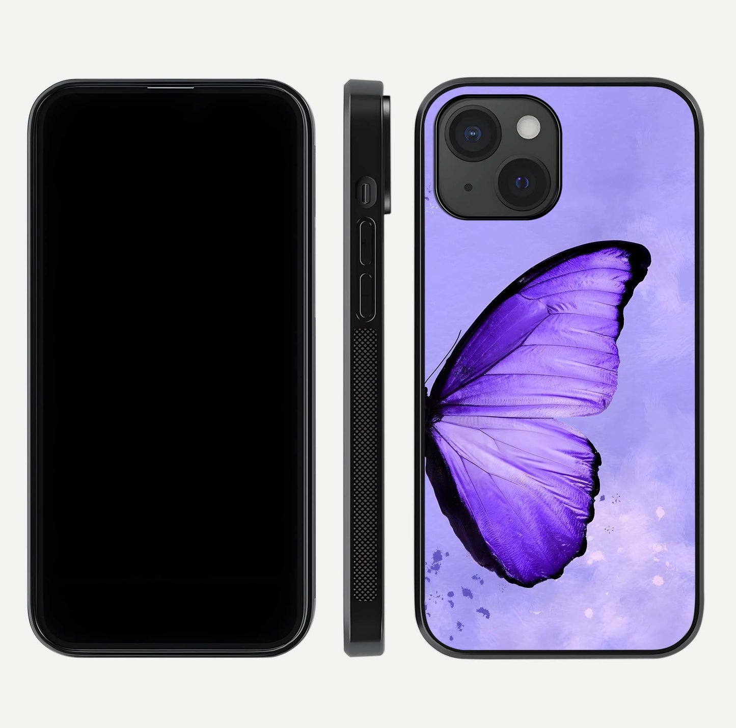 Violet Dream Wing Glass Case for iPhone 15 front & back layout showing violet tones and smooth edges