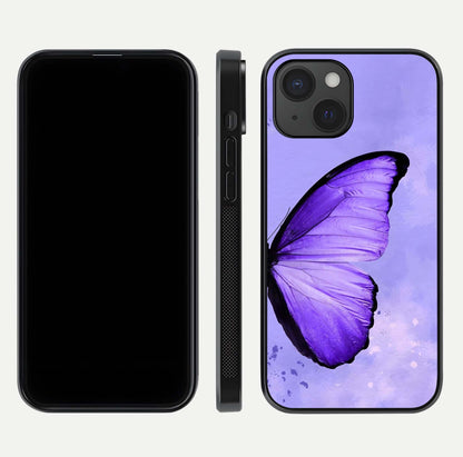 Violet Dream Wing Glass Case for iPhone 15 front & back layout showing violet tones and smooth edges