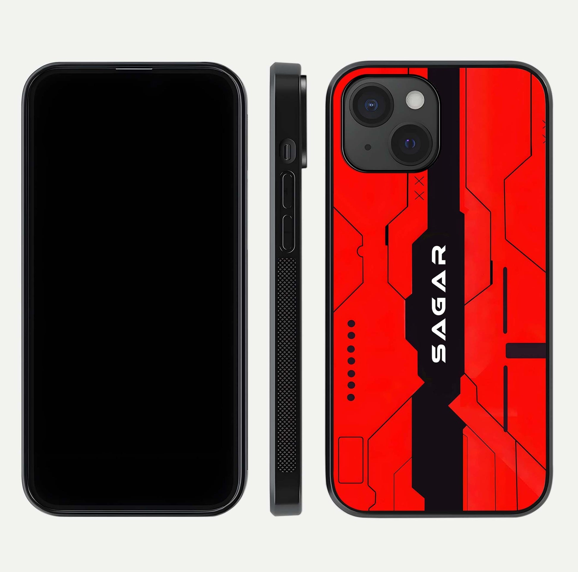 Voltage Rise CYBERPUNK Custom Name Glass Case for iPhone 15 front & back layout showing futuristic tones and sleek edge