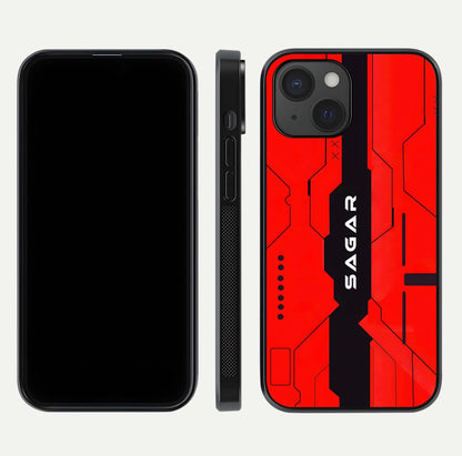 Voltage Rise CYBERPUNK Custom Name Glass Case for iPhone 15 front & back layout showing futuristic tones and sleek edge