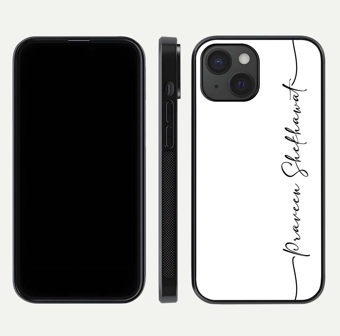 White Tune Custom Name Glass Case for iPhone 15 front & back layout showing clean design and text placement
