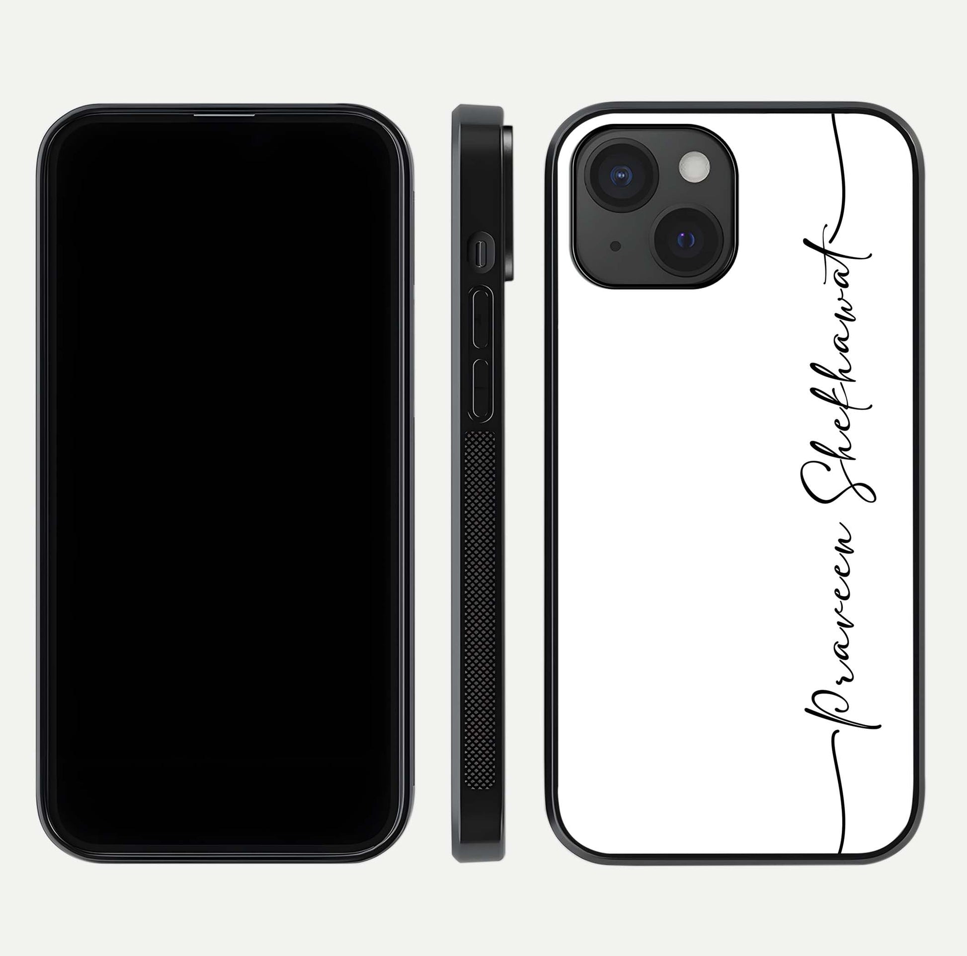 White Tune Custom Name Glass Case for iPhone 15 front & back layout showing clean design and text placement