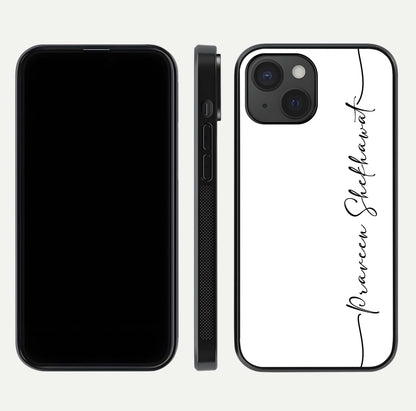 White Tune Custom Name Glass Case for iPhone 15 front & back layout showing clean design and text placement