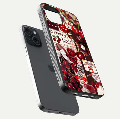 Aesthetic Cherry Tea Glass Case for iPhone 15 floating dual-view mockup showing edge design and detailed cherry pattern gloss texture