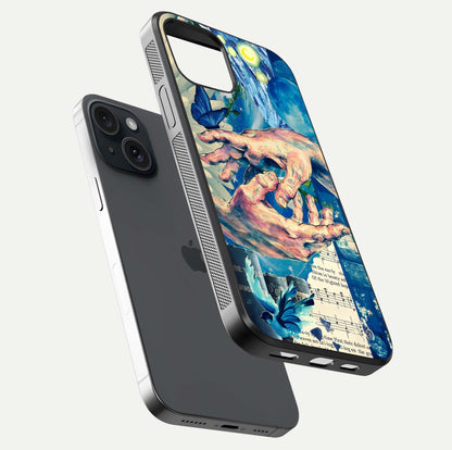 Aesthetic Divider Glass Case for iPhone 15 floating dual-view mockup showing edge design and detailed divider gloss texture