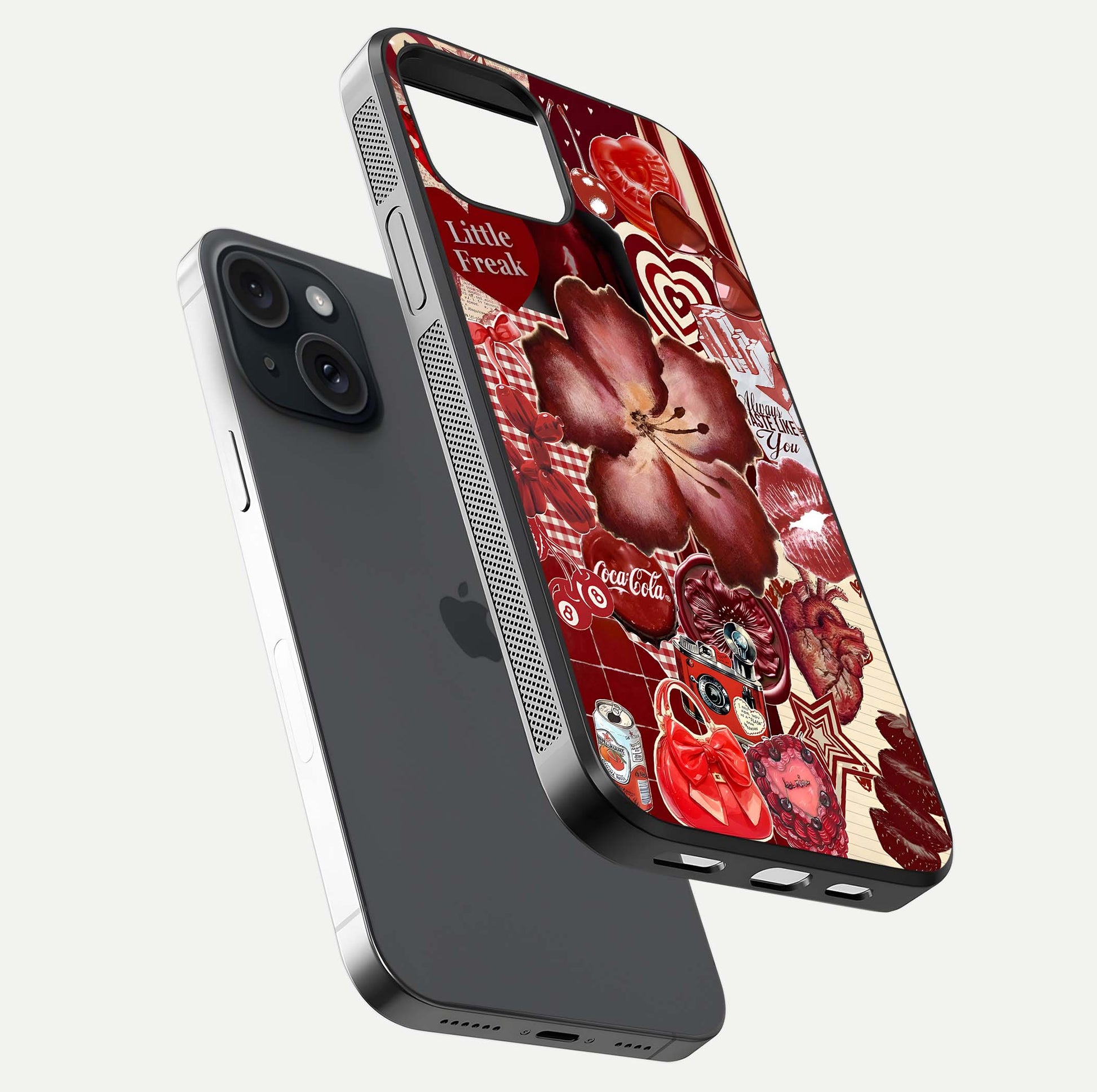 Aesthetic Little Freak Glass Case for iPhone 15 floating dual-view mockup showing edge design and detailed collage gloss texture