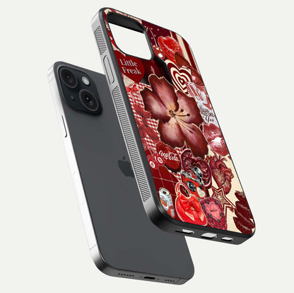 Aesthetic Little Freak Glass Case for iPhone 15 floating dual-view mockup showing edge design and detailed collage gloss texture