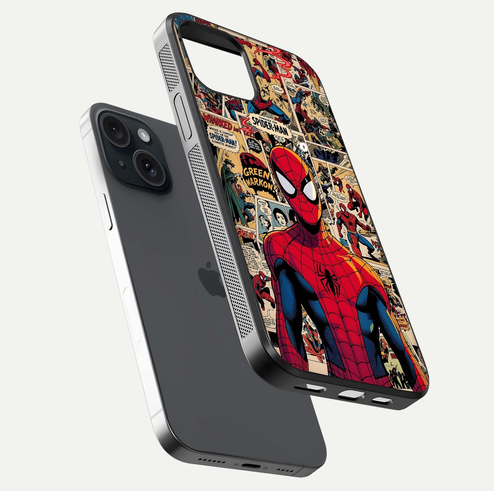 Aesthetic Spider Man Glass Case for iPhone 15 floating dual-view mockup showing edge design and detailed Spider-Man gloss texture