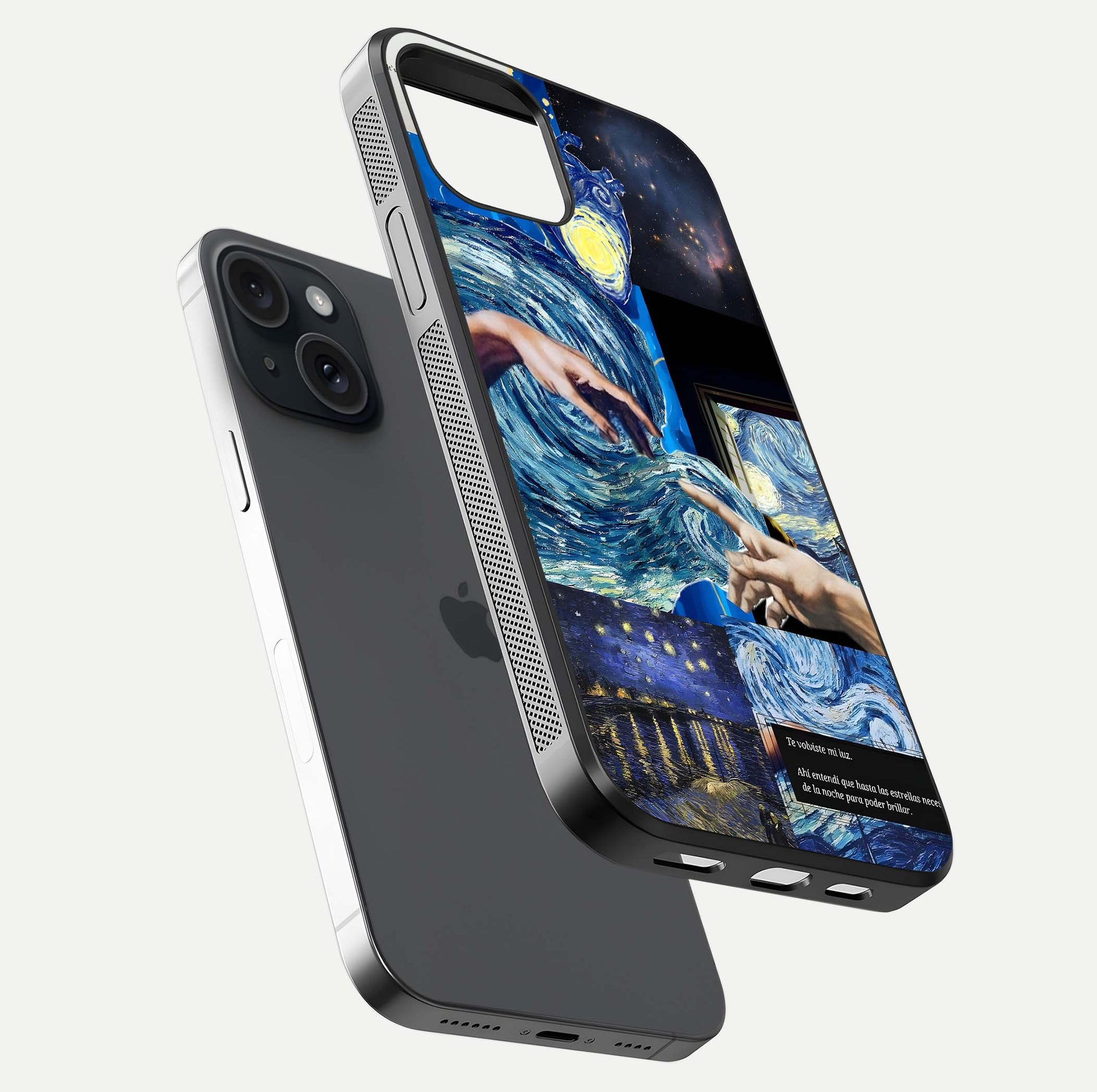 Aesthetic Vando Hands Glass Case for iPhone 15 floating dual-view mockup showing slim edge profile and high-definition gloss