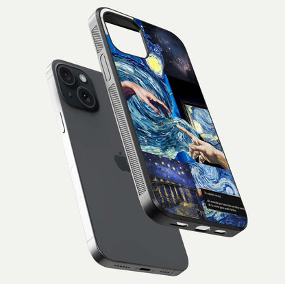 Aesthetic Vando Hands Glass Case for iPhone 15 floating dual-view mockup showing slim edge profile and high-definition gloss