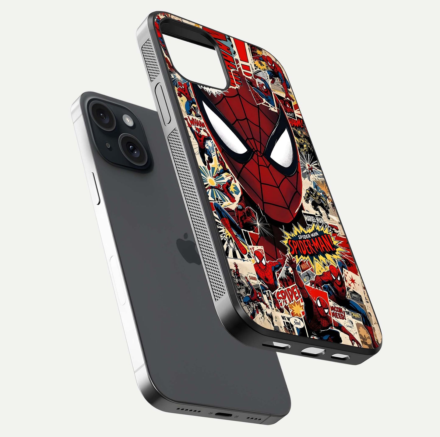 Aesthetic Wonder Spider Glass Case for iPhone 15 floating mockup emphasizing superhero art and glossy reflection