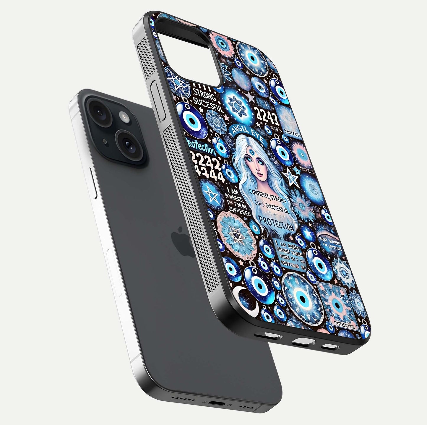 Angel Aura Shield Glass Case for iPhone 15 floating angle showing light reflection and protective edge structure