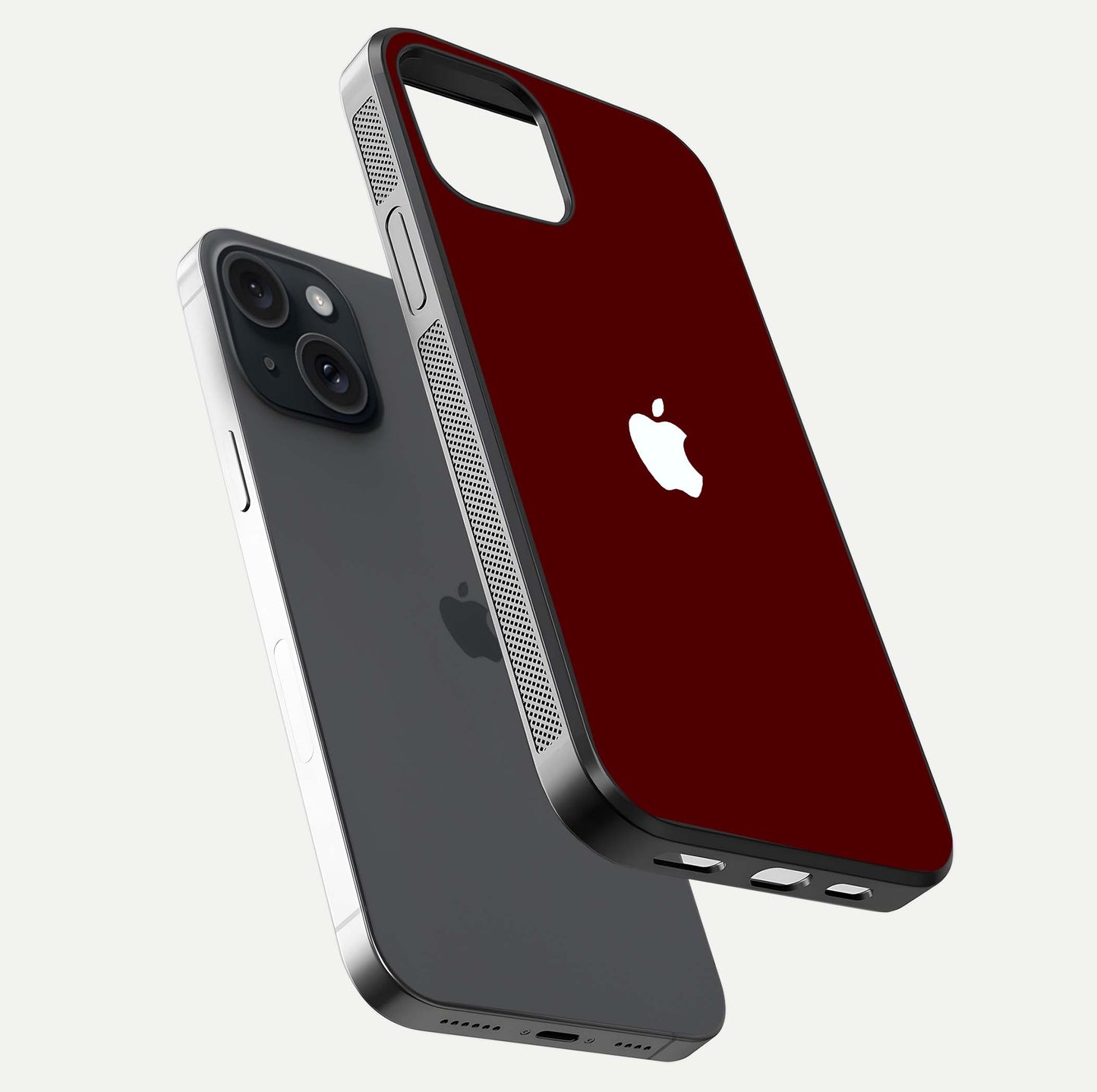 Apple Crimson Core Glass Case for iPhone 15 floating mockup with red-gloss effect and metallic Apple design