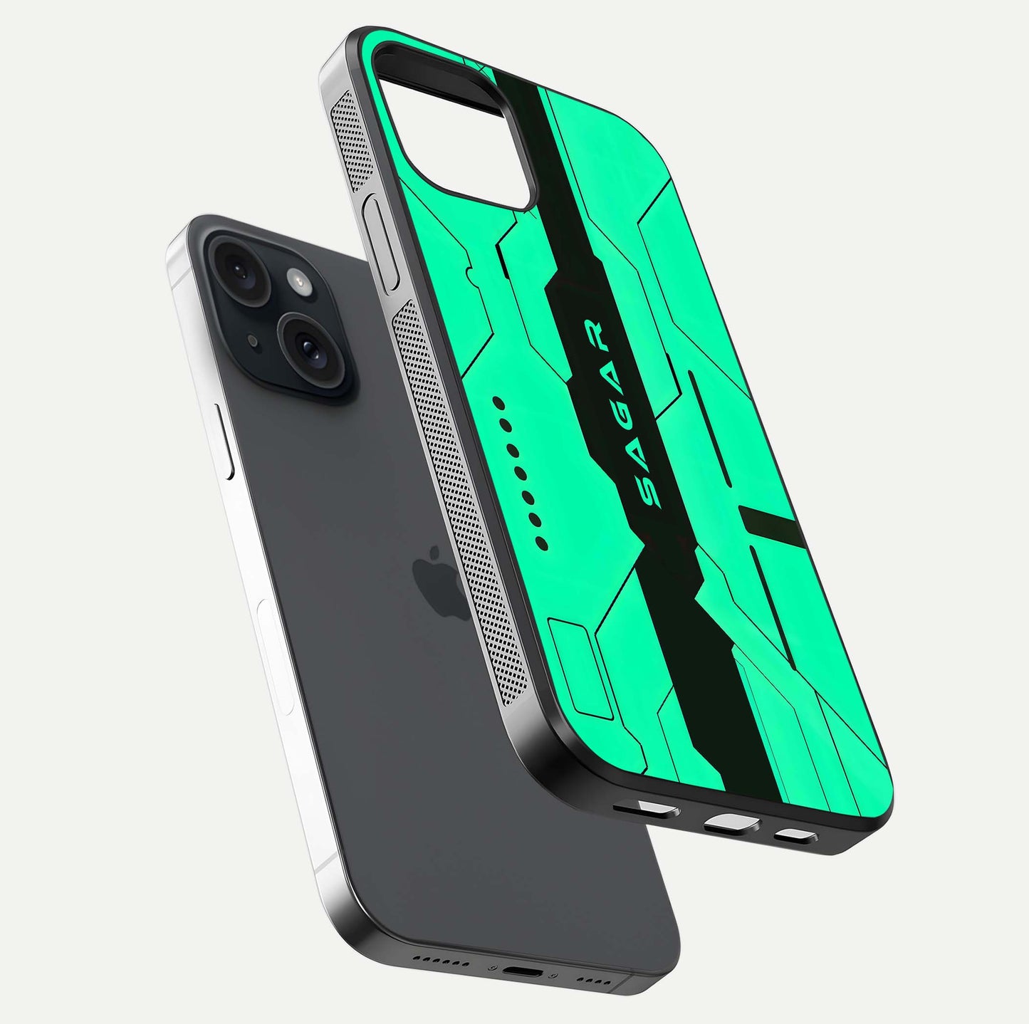 Aqua Tech CYBERPUNK Custom Name Glass Case for iPhone 15 floating mockup highlighting name customization area