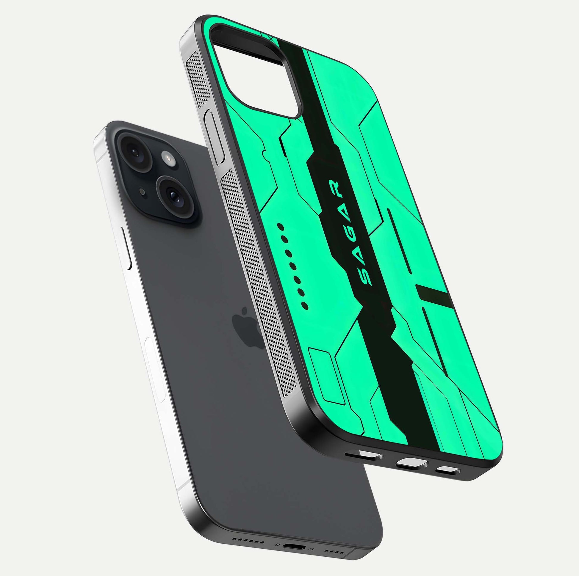 Aqua Tech CYBERPUNK Custom Name Glass Case for iPhone 15 floating mockup highlighting name customization area