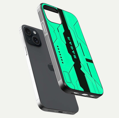 Aqua Tech CYBERPUNK Custom Name Glass Case for iPhone 15 floating mockup highlighting name customization area