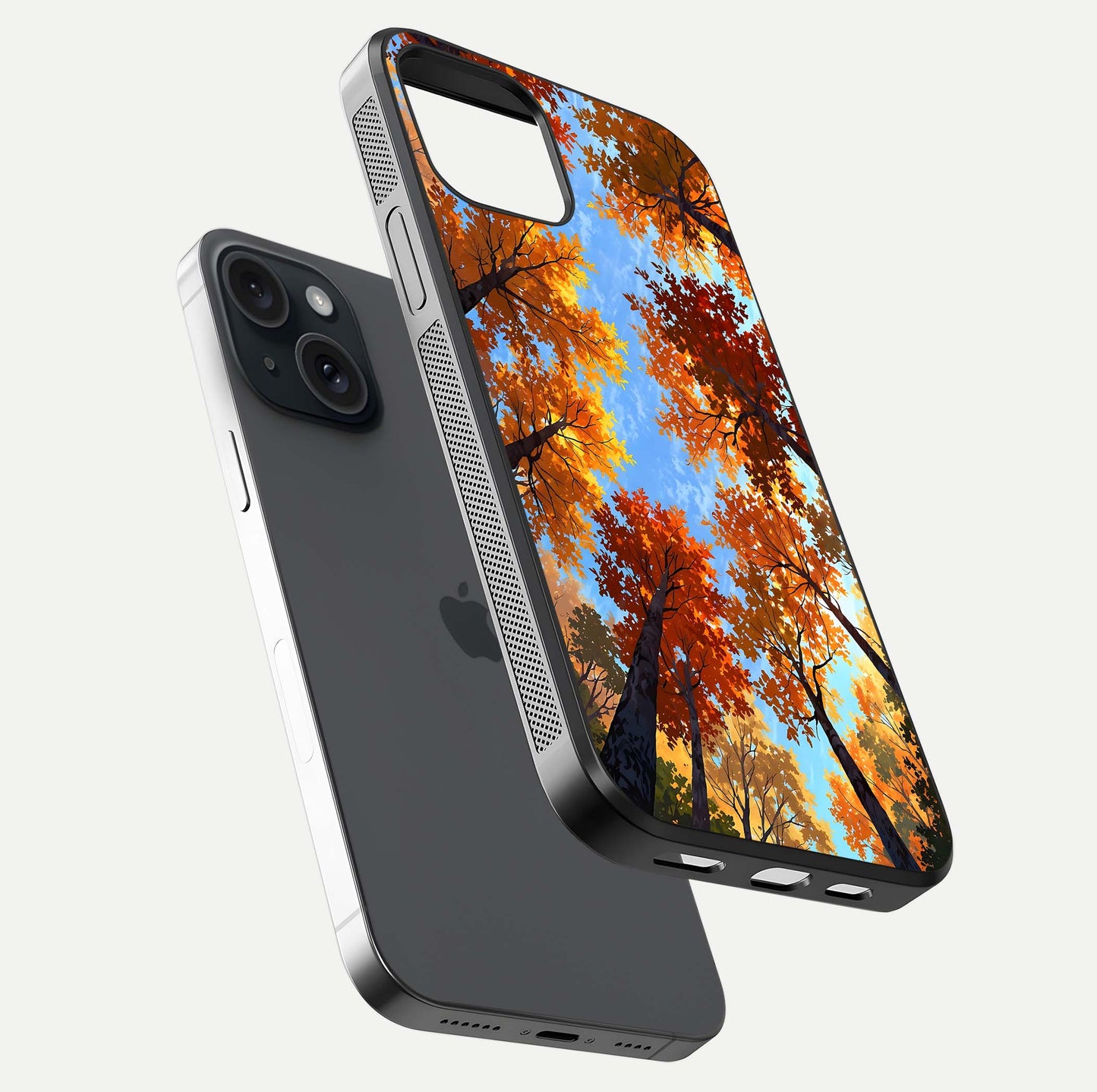 Autumn Sky Rise Glass Case for iPhone 15 floating dual-view mockup with sky horizon and glossy highlights