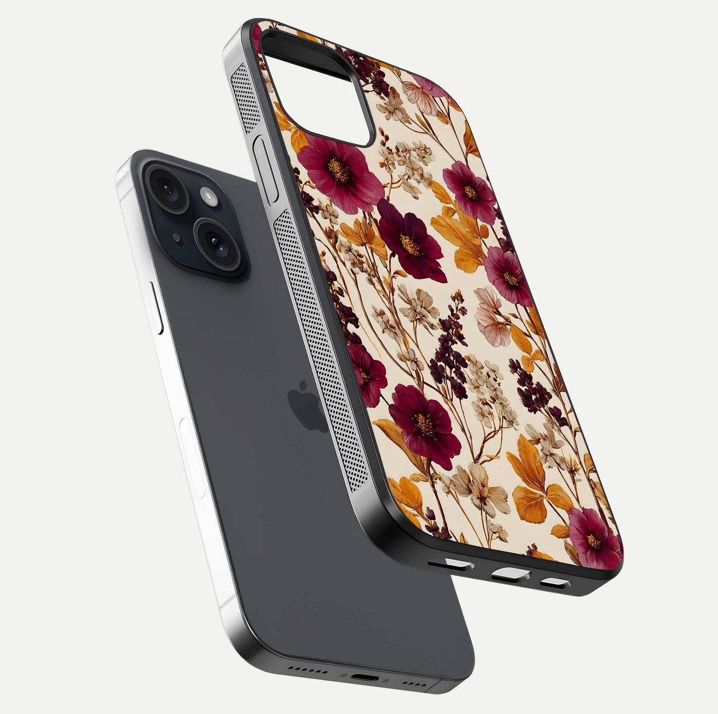 Autumn Wine Bloom Glass Case for iPhone 15 floating mockup with premium floral gradient and protection edge