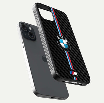 BMW Pattern Glass Case for iPhone 15 floating mockup highlighting clean lines and metallic accent reflection