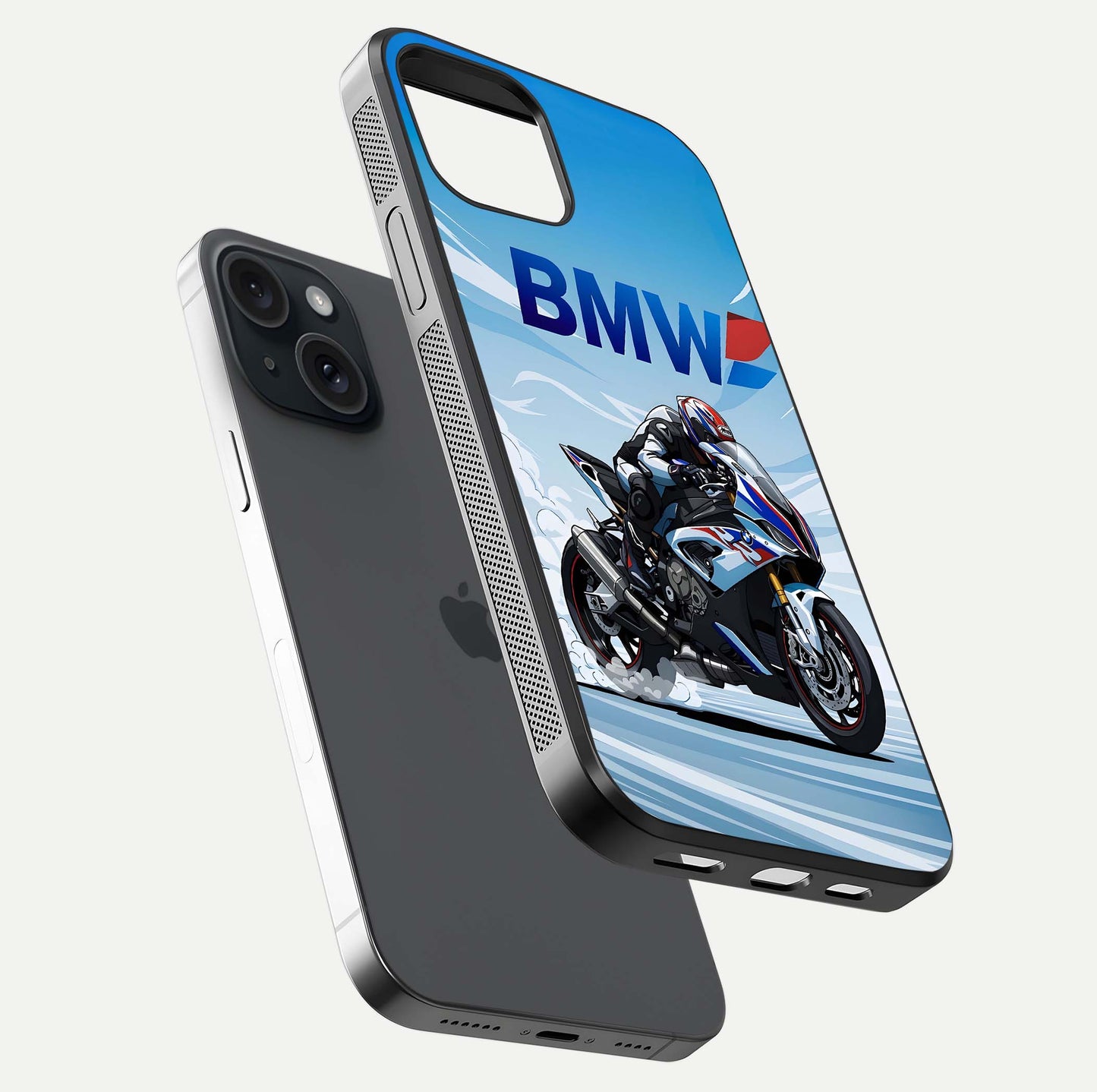 BMW Power Drift Glass Case for iPhone 15 floating mockup displaying bold drift artwork and glossy polish
