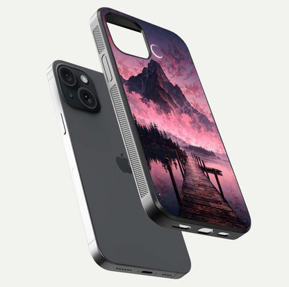 Beautyful Mountain View Glass Case for iPhone 15 floating dual mockup showing edges and reflective sky print