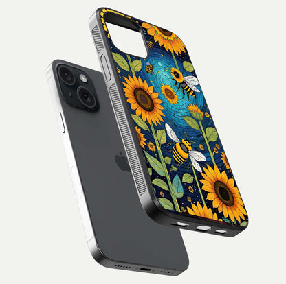 Bees & Sunflowers Glass Case for iPhone 15 floating dual-view mockup displaying vibrant yellow tones and gloss texture