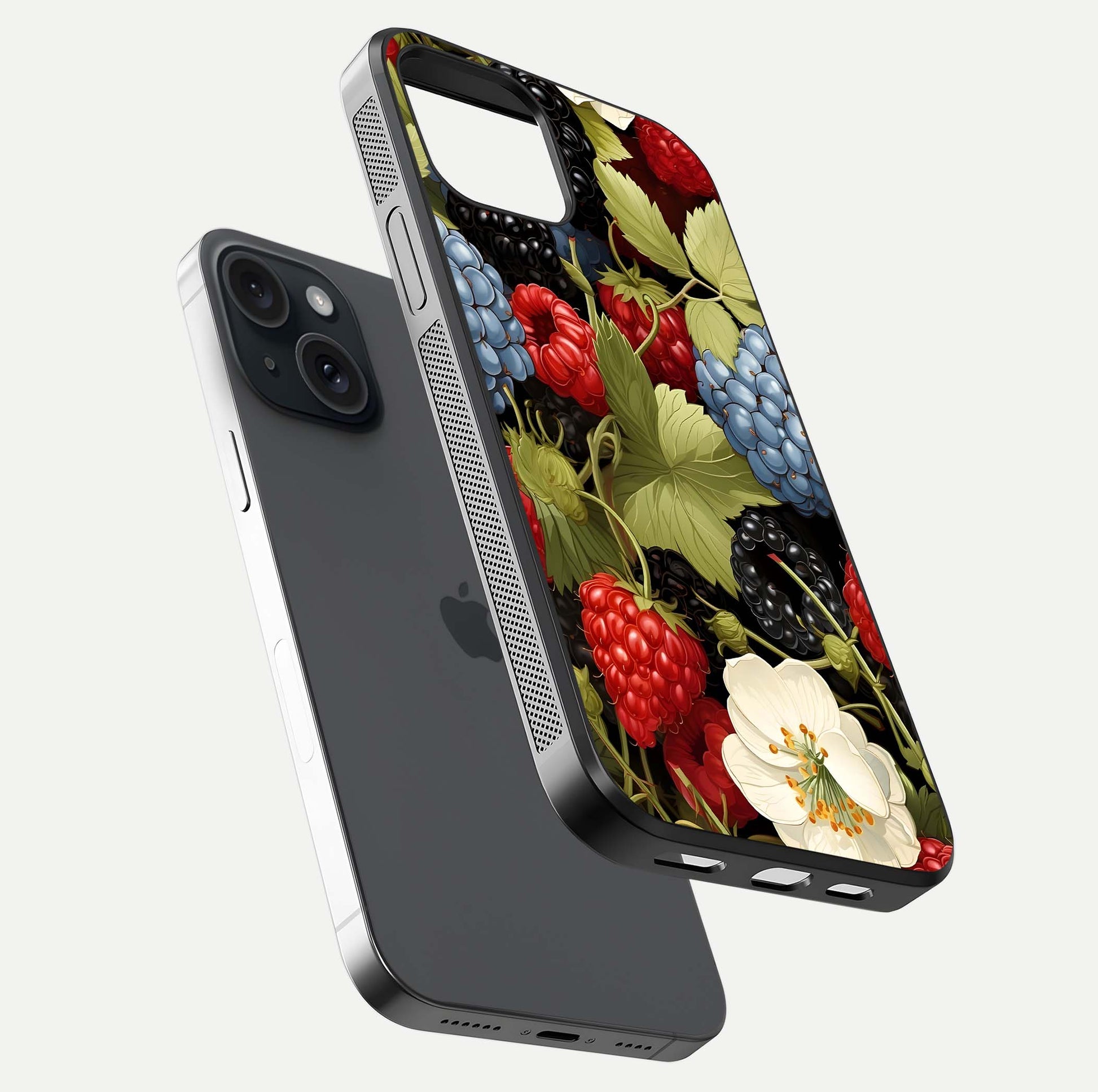 Berry Bloom Charm Glass Case for iPhone 15 floating mockup capturing glossy reflection and curved-edge finish