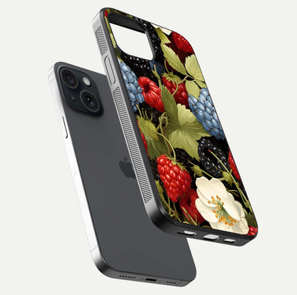 Berry Bloom Charm Glass Case for iPhone 15 floating mockup capturing glossy reflection and curved-edge finish