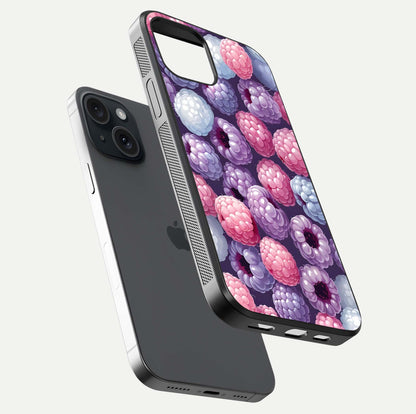 Berry Candy Pop Glass Case for iPhone 15 floating dual-view mockup highlighting gloss shine and curved edges