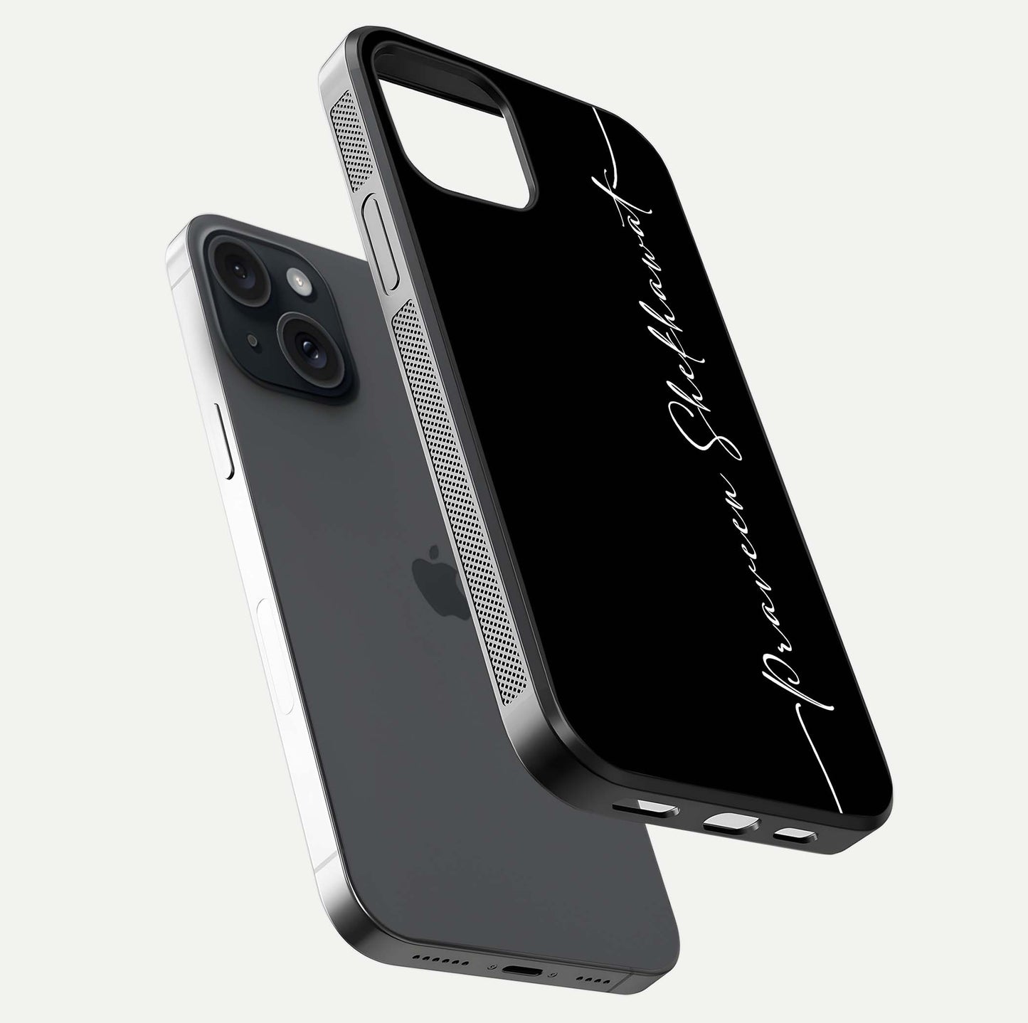 Black Tune Custom Name Glass Case for iPhone 15 floating dual-view mockup emphasizing modern glossy texture