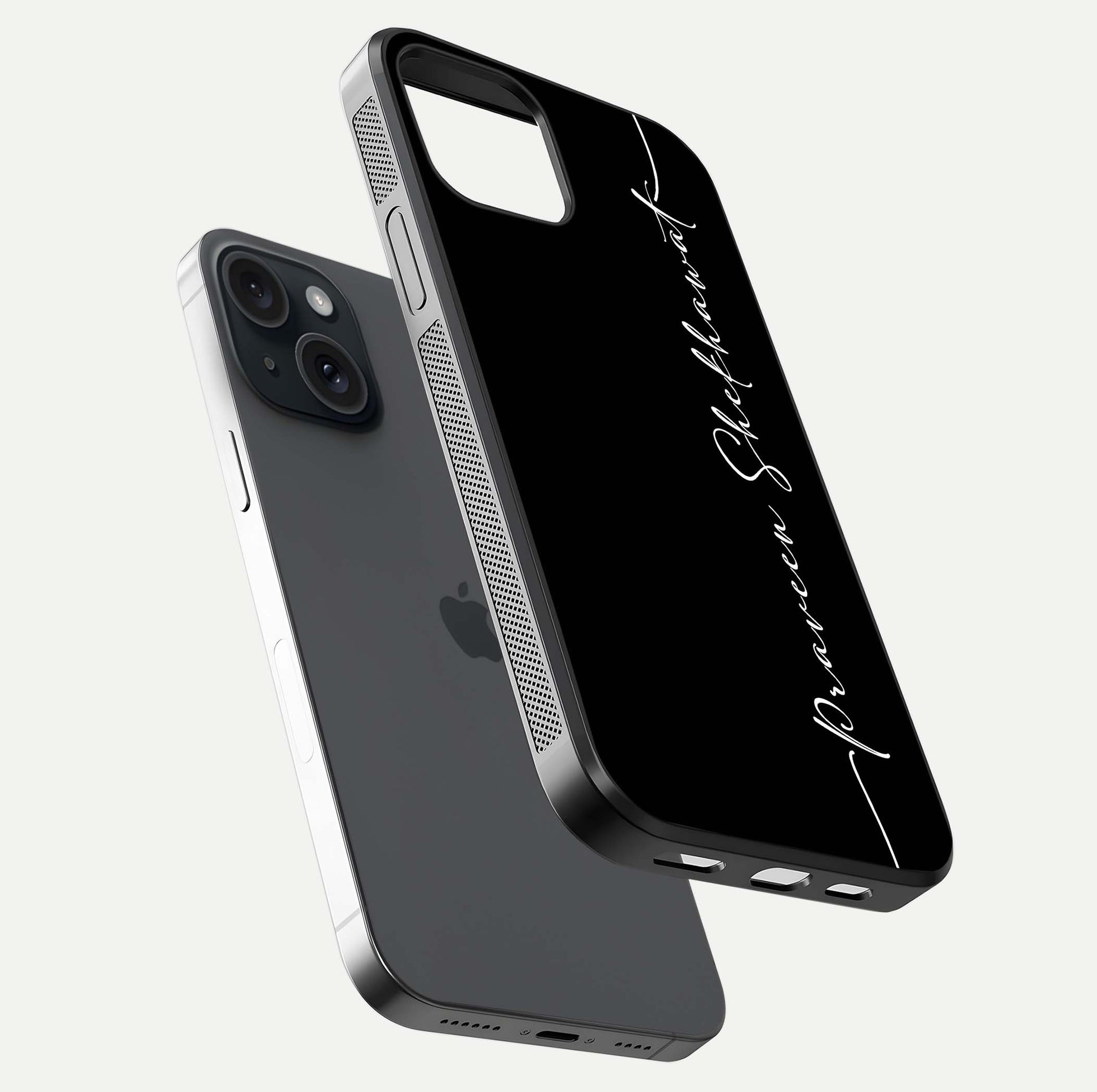 Black Tune Custom Name Glass Case for iPhone 15 floating dual-view mockup emphasizing modern glossy texture