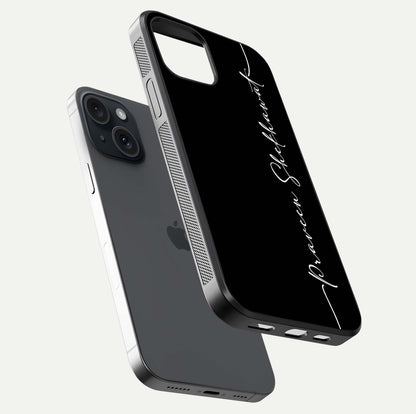 Black Tune Custom Name Glass Case for iPhone 15 floating dual-view mockup emphasizing modern glossy texture