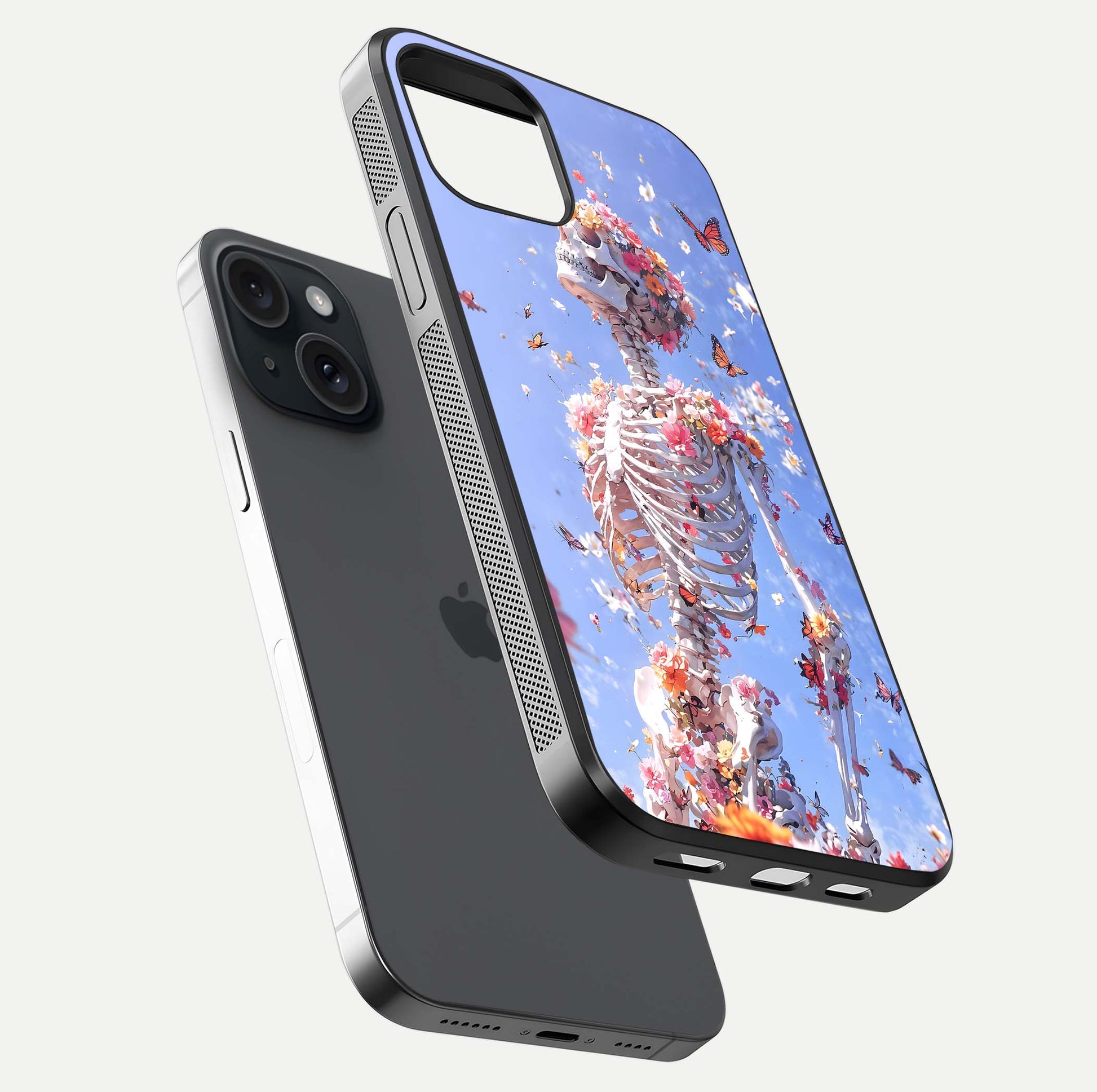Bloom Beyond Bones Glass Case for iPhone 15 floating mockup displaying shine, texture, and gloss detail