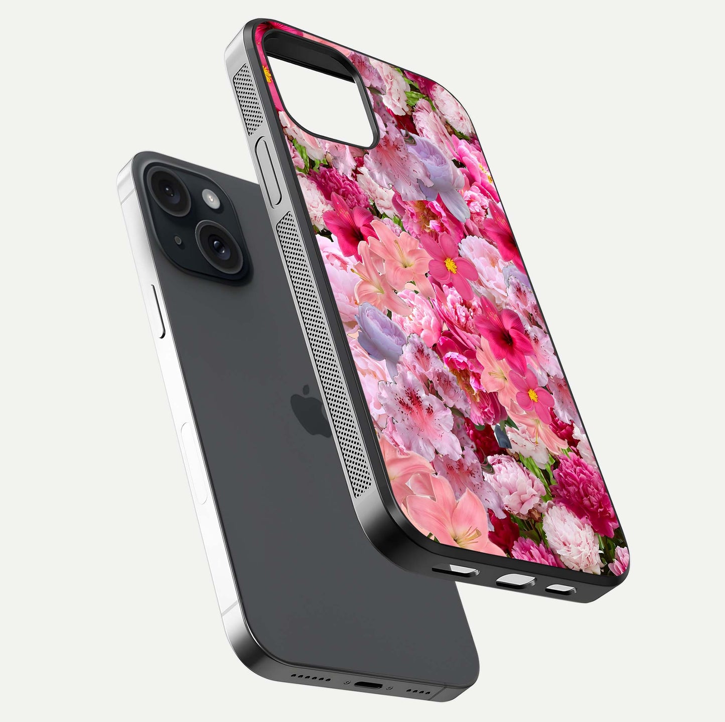 Bloom Crush Fantasy Glass Case for iPhone 15 floating mockup showing floral pattern clarity and HD glass
