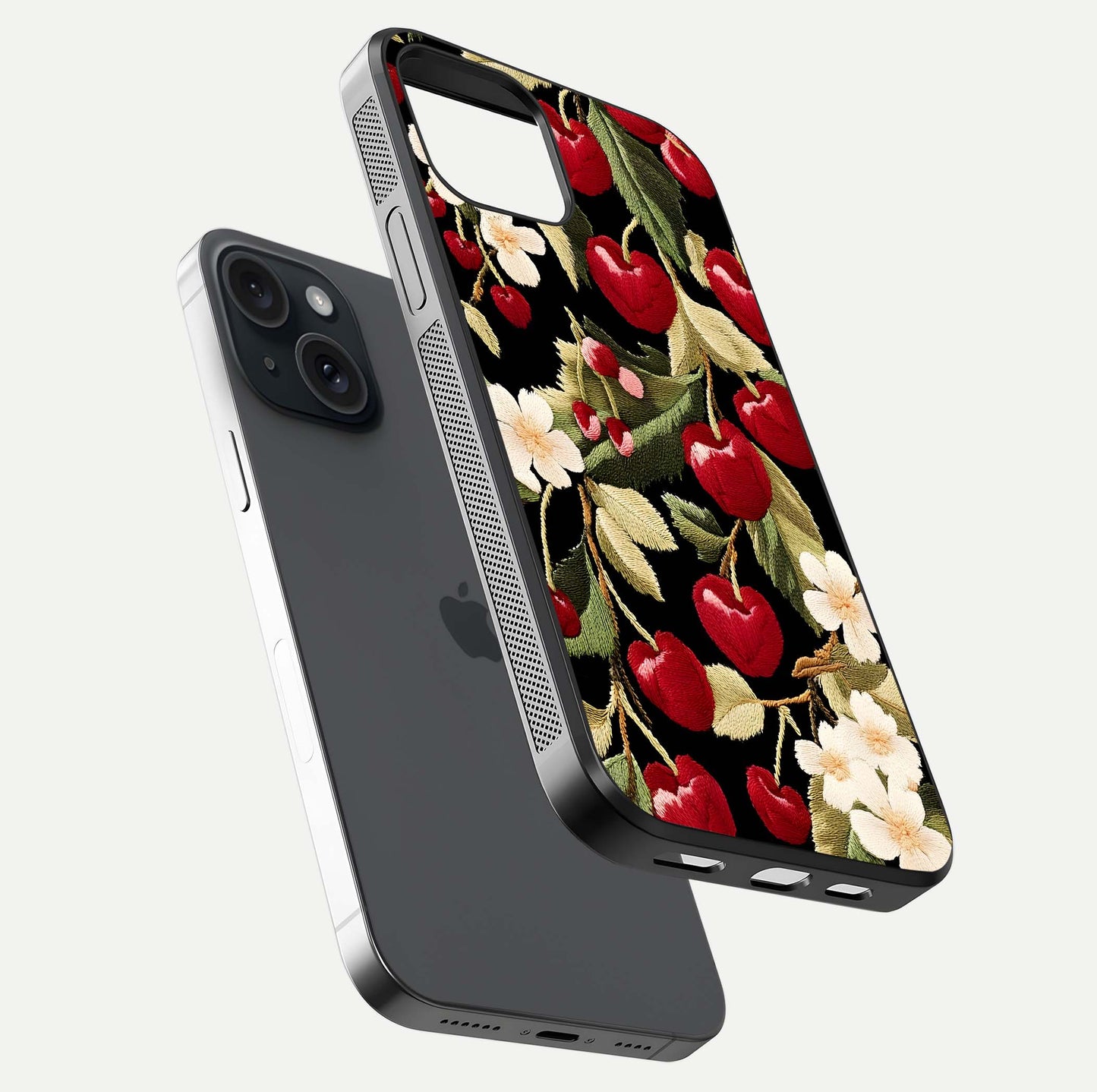 Bloom Thread Art Glass Case for iPhone 15 floating mockup showing premium reflection and stitched art vibe