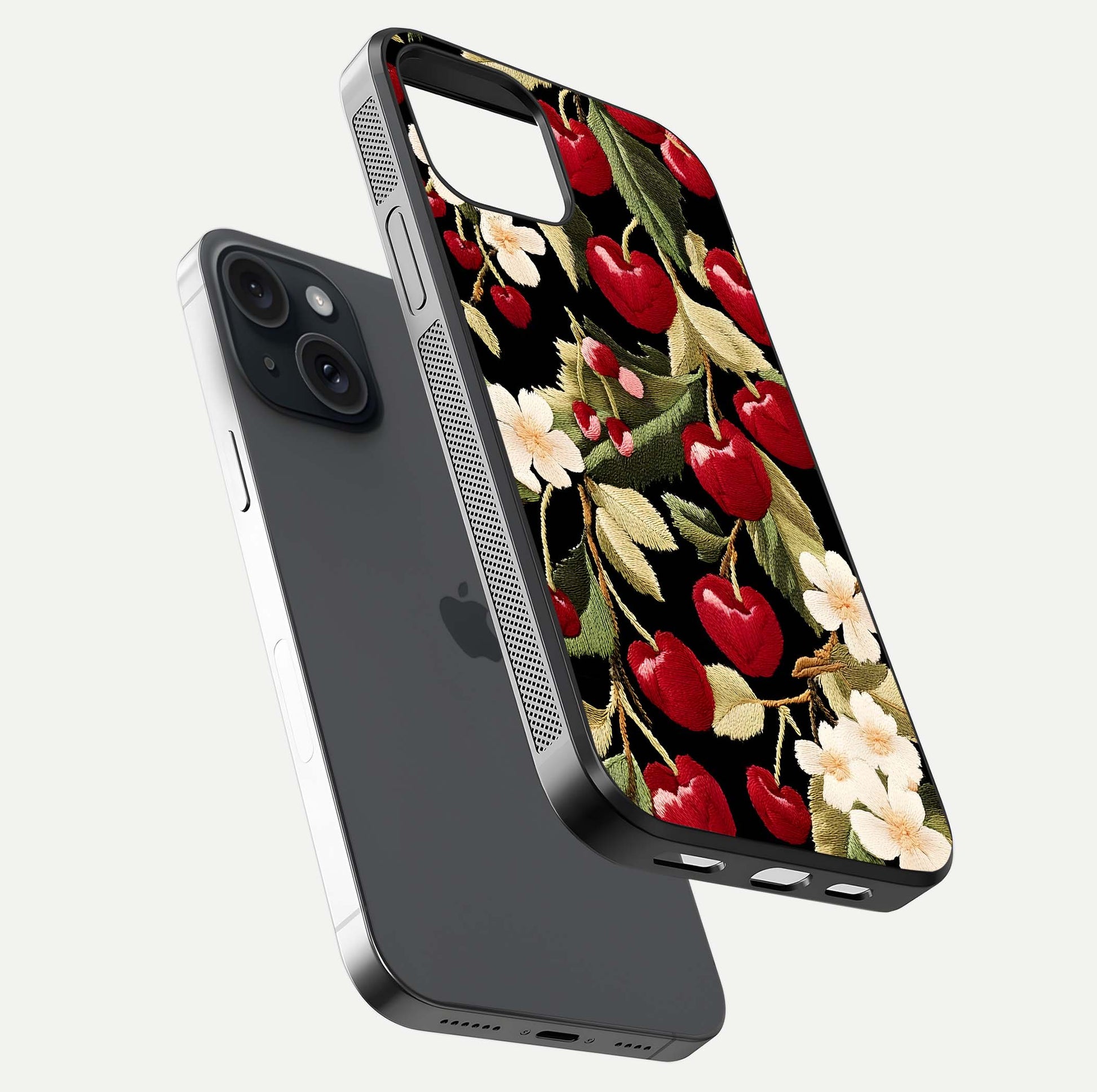 Bloom Thread Art Glass Case for iPhone 15 floating mockup showing premium reflection and stitched art vibe
