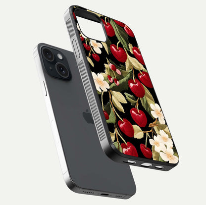 Bloom Thread Art Glass Case for iPhone 15 floating mockup showing premium reflection and stitched art vibe