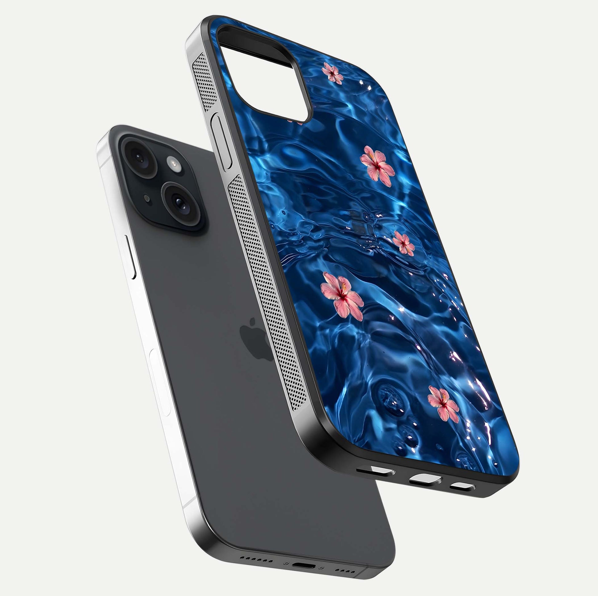 Blooming Water Drift Glass Case for iPhone 15 floating dual-view mockup showing floral drift pattern and reflective surface