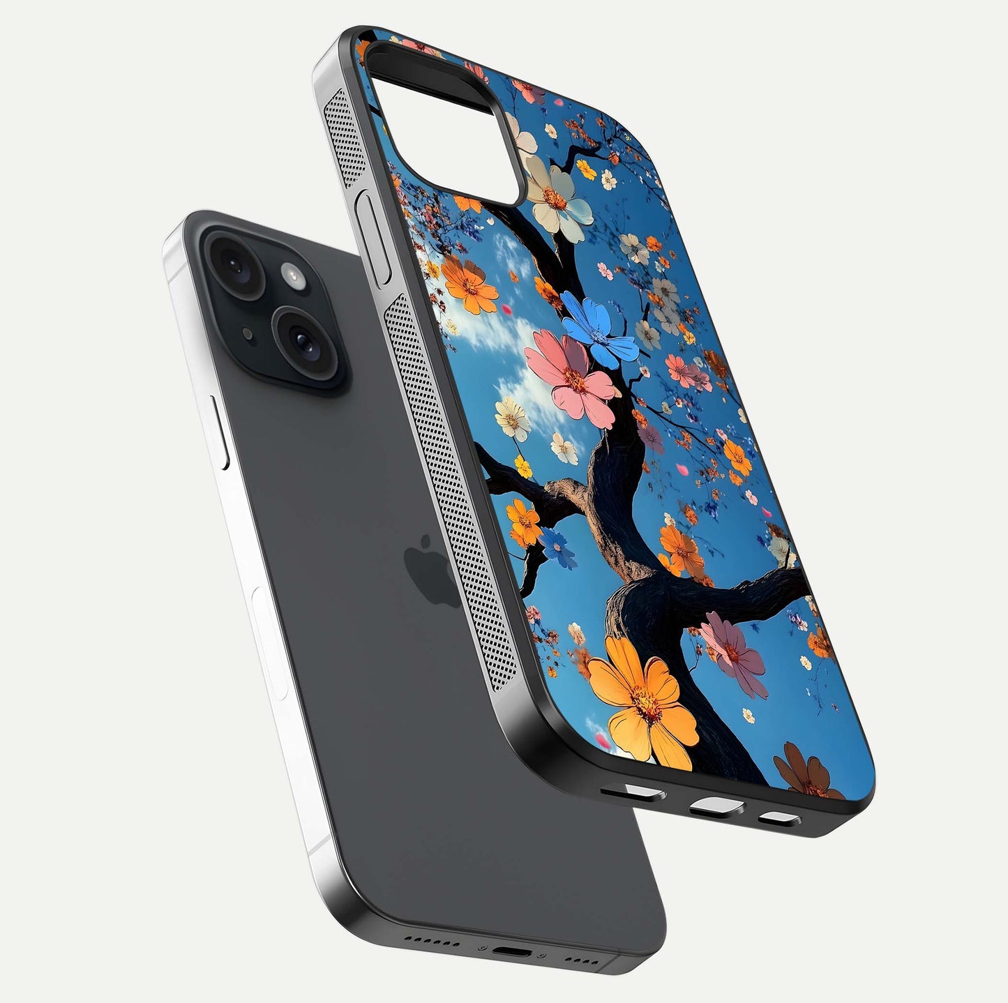 Blossom Dream Sky Glass Case for iPhone 15 floating dual-mockup displaying smooth finish and elegant sky tones